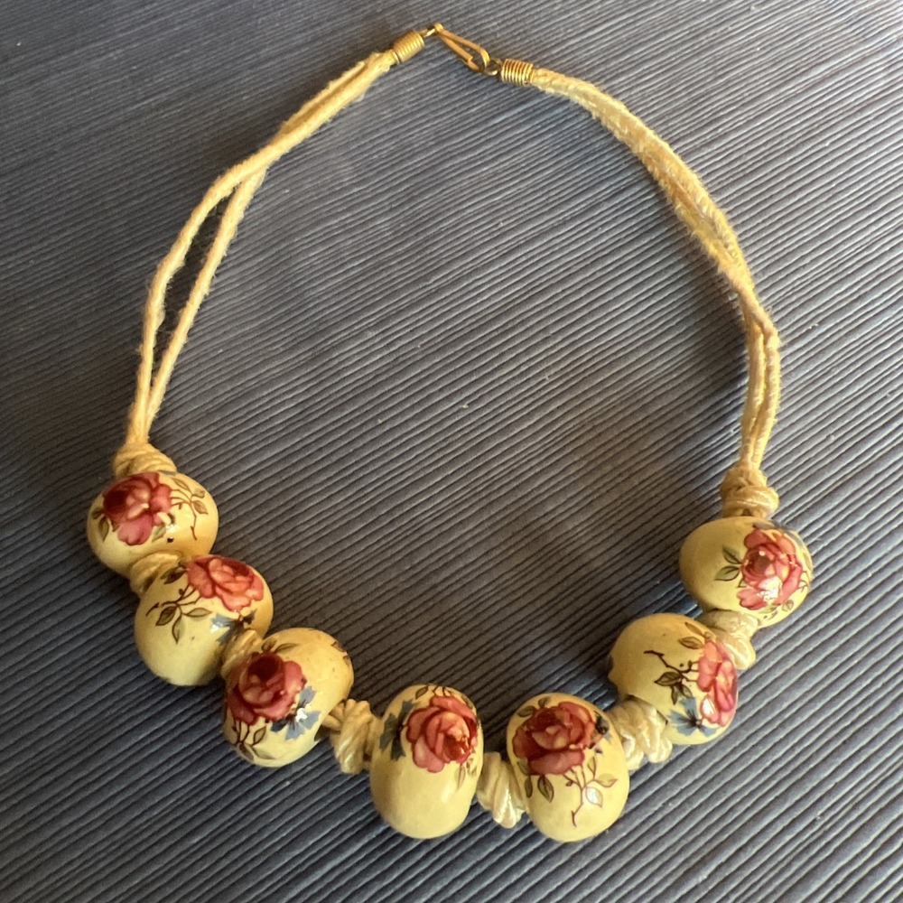 Porcelain Floral Beaded Necklace Large Yellow‎ Flower Transferware Beads